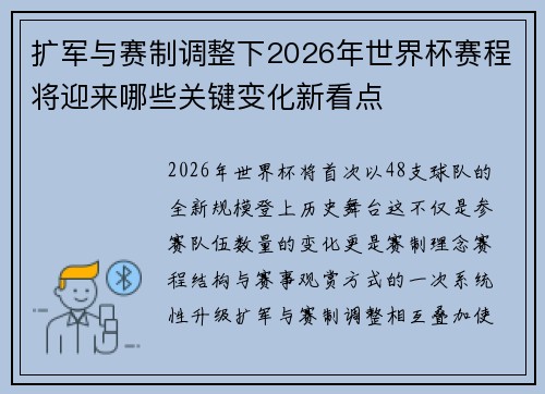 扩军与赛制调整下2026年世界杯赛程将迎来哪些关键变化新看点